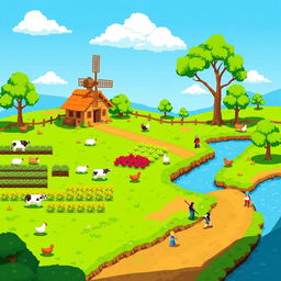 A vibrant rural game scene in pixel art style, featuring lush green fields, a small cozy farmhouse with a thatched roof, a windmill gently turning in the background, and a bright blue sky with a few fluffy clouds