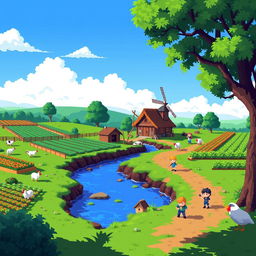 A vibrant rural game scene in pixel art style, featuring lush green fields, a small cozy farmhouse with a thatched roof, a windmill gently turning in the background, and a bright blue sky with a few fluffy clouds