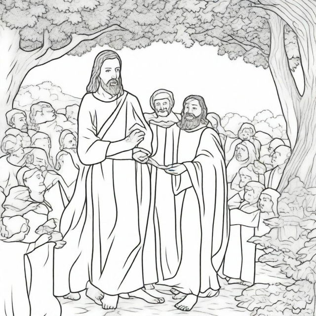 An intriguing colouring book page of Jesus guiding a crowd of people towards an apprehensive man hiding in a tree.
