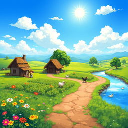 A vibrant pixel art scene depicting a rural gaming environment, featuring a lush green landscape dotted with colorful wildflowers