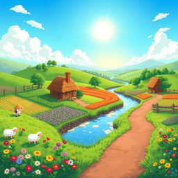 A vibrant pixel art scene depicting a rural gaming environment, featuring a lush green landscape dotted with colorful wildflowers