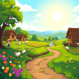 A vibrant pixel art scene depicting a rural gaming environment, featuring a lush green landscape dotted with colorful wildflowers