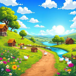 A vibrant pixel art scene depicting a rural gaming environment, featuring a lush green landscape dotted with colorful wildflowers