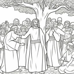 An intriguing colouring book page of Jesus guiding a crowd of people towards an apprehensive man hiding in a tree.