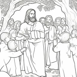 An intriguing colouring book page of Jesus guiding a crowd of people towards an apprehensive man hiding in a tree.