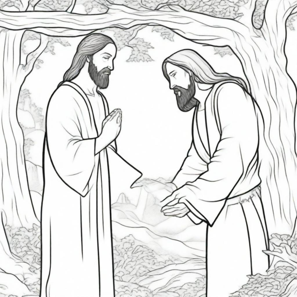 A colouring book page detailing Jesus compassionately approaching a man who is hiding up in a tree.