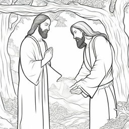 A colouring book page detailing Jesus compassionately approaching a man who is hiding up in a tree.