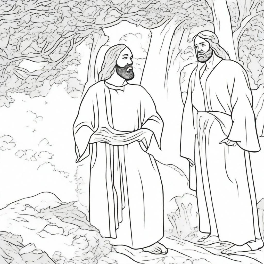 A colouring book page detailing Jesus compassionately approaching a man who is hiding up in a tree.