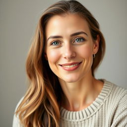 An attractive woman aged 35-45 with natural makeup and a gentle smile