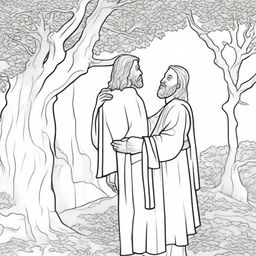 A colouring book page detailing Jesus compassionately approaching a man who is hiding up in a tree.