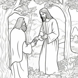 A colouring book page detailing Jesus compassionately approaching a man who is hiding up in a tree.