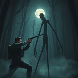 A thrilling scene depicting a persona, dressed in tactical gear, fiercely aiming their weapon at a towering, menacing Slenderman in a shadowy forest environment