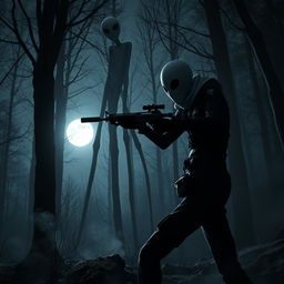 A thrilling scene depicting a persona, dressed in tactical gear, fiercely aiming their weapon at a towering, menacing Slenderman in a shadowy forest environment