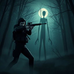 A thrilling scene depicting a persona, dressed in tactical gear, fiercely aiming their weapon at a towering, menacing Slenderman in a shadowy forest environment