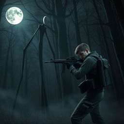 A thrilling scene depicting a persona, dressed in tactical gear, fiercely aiming their weapon at a towering, menacing Slenderman in a shadowy forest environment