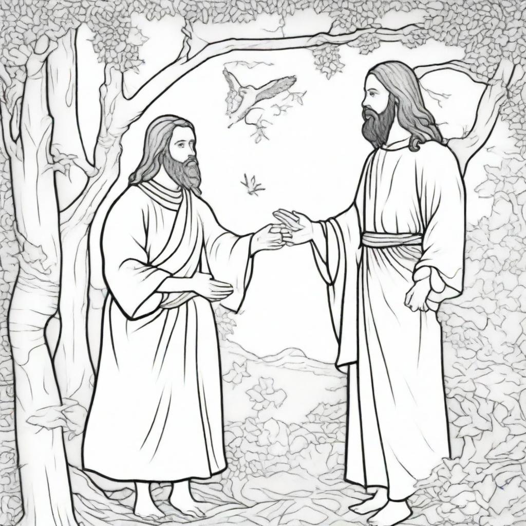 A detailed colouring book page featuring Jesus approaching a curious man who is perched high in a tree.