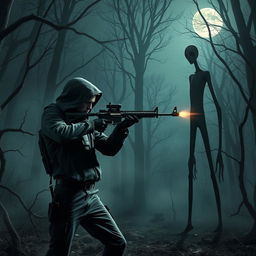 A gripping scene showcasing a courageous persona, clad in urban combat attire, taking aim and firing at the eerie figure of Slenderman