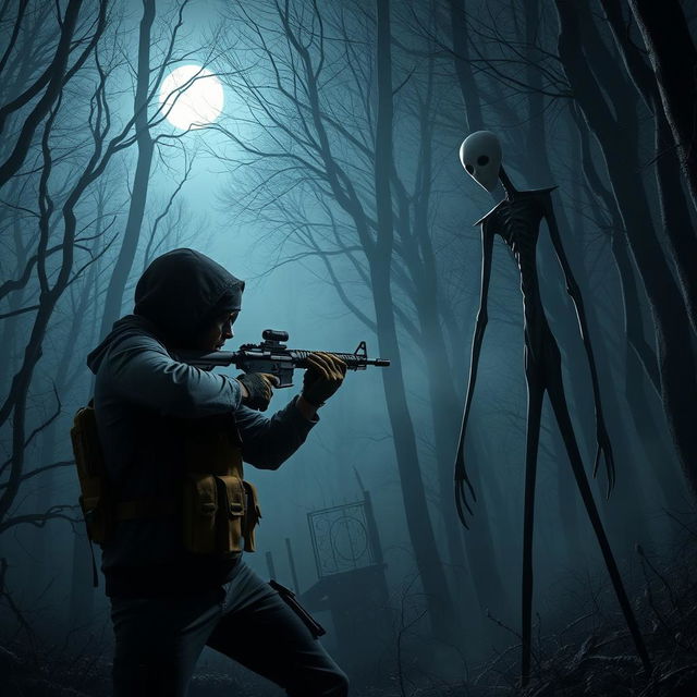 A gripping scene showcasing a courageous persona, clad in urban combat attire, taking aim and firing at the eerie figure of Slenderman