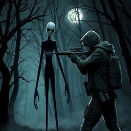 A gripping scene showcasing a courageous persona, clad in urban combat attire, taking aim and firing at the eerie figure of Slenderman