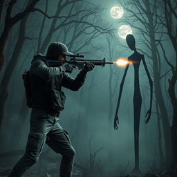 A gripping scene showcasing a courageous persona, clad in urban combat attire, taking aim and firing at the eerie figure of Slenderman