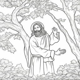 A detailed colouring book page featuring Jesus approaching a curious man who is perched high in a tree.