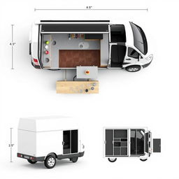 Create a 3D layout plan of a cocktail minivan cart with dimensions of 4