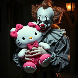 A detailed depiction of Art the Clown from the horror film "Terrifier" holding a cute, oversized Hello Kitty plushie