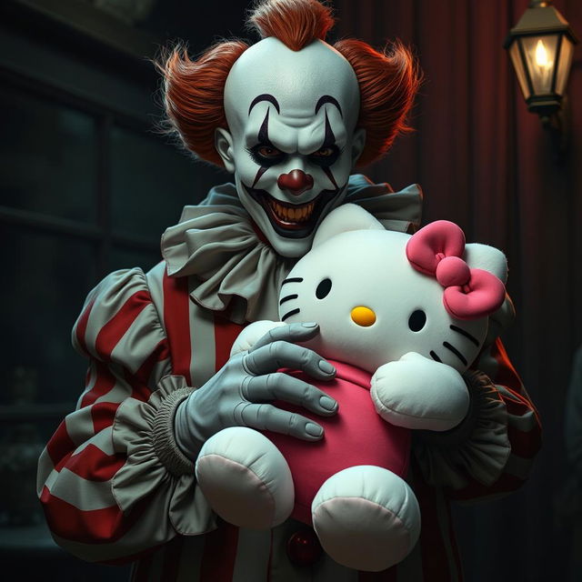 A detailed depiction of Art the Clown from the horror film "Terrifier" holding a cute, oversized Hello Kitty plushie