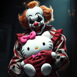 A detailed depiction of Art the Clown from the horror film "Terrifier" holding a cute, oversized Hello Kitty plushie