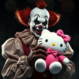 A detailed depiction of Art the Clown from the horror film "Terrifier" holding a cute, oversized Hello Kitty plushie