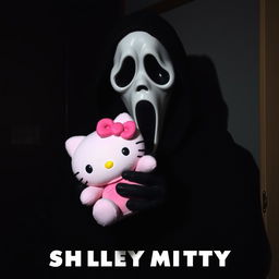 A spooky yet playful scene featuring the iconic character Ghostface from the 'Scream' series, holding a cute pink Hello Kitty plushie