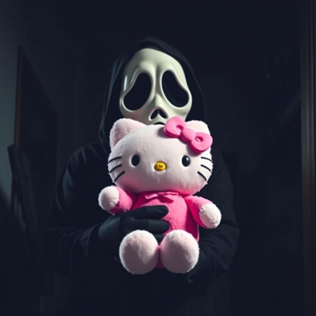 A spooky yet playful scene featuring the iconic character Ghostface from the 'Scream' series, holding a cute pink Hello Kitty plushie