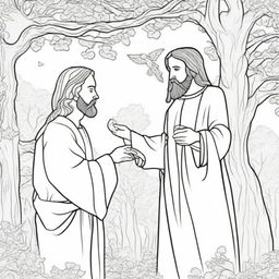 A detailed colouring book page featuring Jesus approaching a curious man who is perched high in a tree.