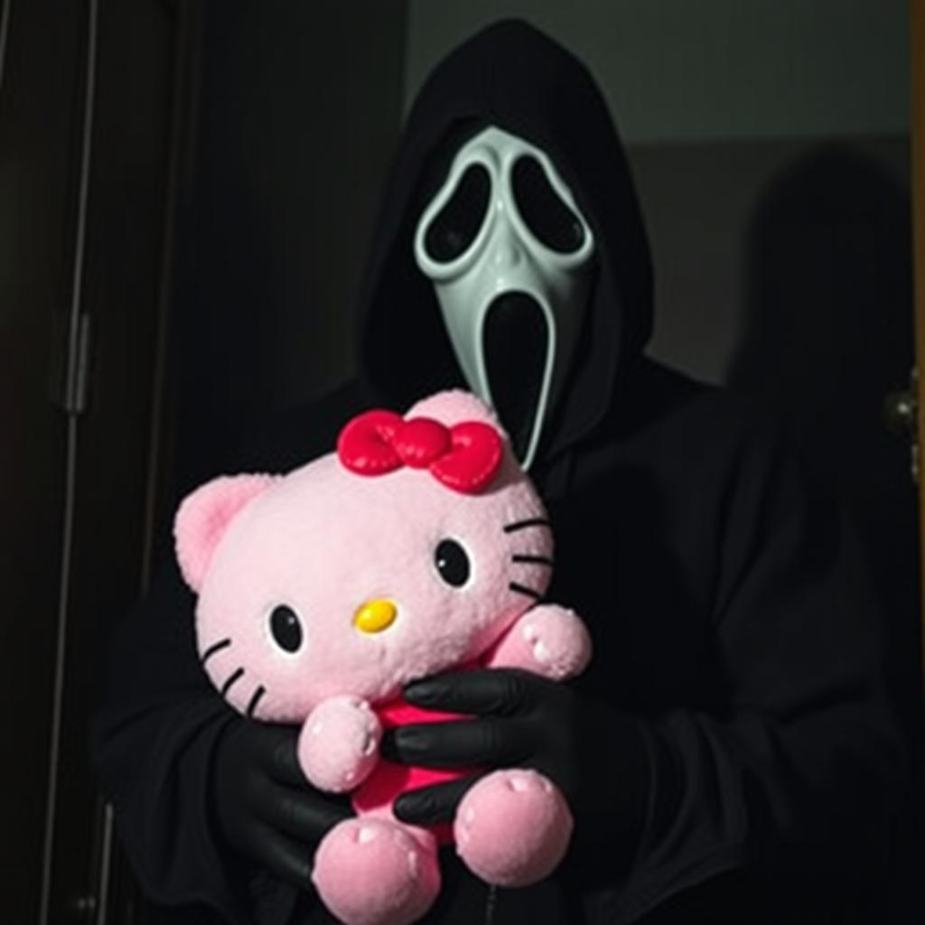 A spooky yet playful scene featuring the iconic character Ghostface from the 'Scream' series, holding a cute pink Hello Kitty plushie