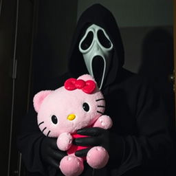 A spooky yet playful scene featuring the iconic character Ghostface from the 'Scream' series, holding a cute pink Hello Kitty plushie