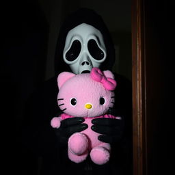 A spooky yet playful scene featuring the iconic character Ghostface from the 'Scream' series, holding a cute pink Hello Kitty plushie