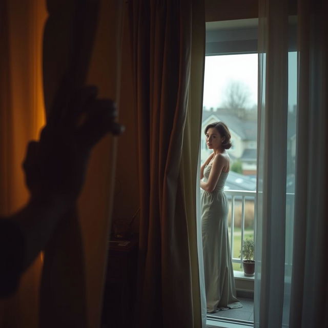 A captivating yet discreet scene showing a person peeking through a slightly parted curtain, observing their neighbor as she changes clothes inside her cozy apartment