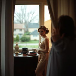A captivating yet discreet scene showing a person peeking through a slightly parted curtain, observing their neighbor as she changes clothes inside her cozy apartment