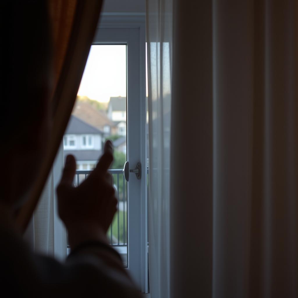 A captivating yet discreet scene showing a person peeking through a slightly parted curtain, observing their neighbor as she changes clothes inside her cozy apartment