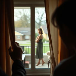 A captivating yet discreet scene showing a person peeking through a slightly parted curtain, observing their neighbor as she changes clothes inside her cozy apartment