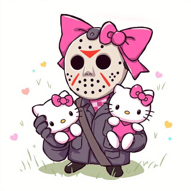 A humorous and whimsical illustration featuring the infamous character Jason Voorhees from the 'Friday the 13th' series, adorned with a bright, cheerful bow on his head