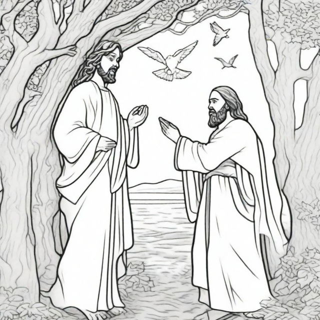 A detailed colouring book page featuring Jesus approaching a curious man who is perched high in a tree.