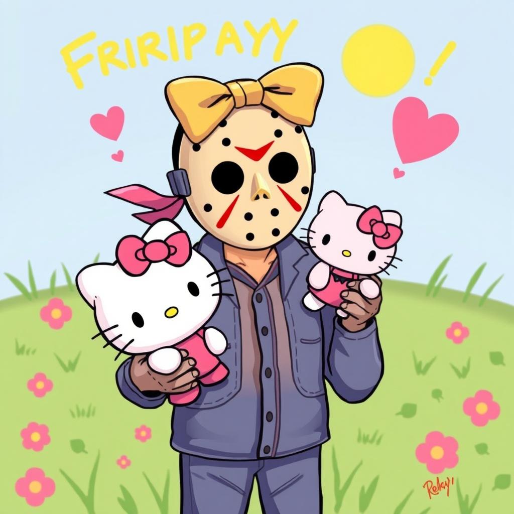 A humorous and whimsical illustration featuring the infamous character Jason Voorhees from the 'Friday the 13th' series, adorned with a bright, cheerful bow on his head