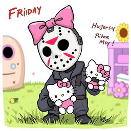 A humorous and whimsical illustration featuring the infamous character Jason Voorhees from the 'Friday the 13th' series, adorned with a bright, cheerful bow on his head
