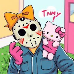 A humorous and whimsical illustration featuring the infamous character Jason Voorhees from the 'Friday the 13th' series, adorned with a bright, cheerful bow on his head