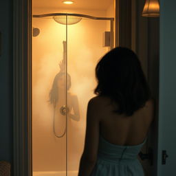 A delicate and intimate scene illustrating a person discreetly peeking through the slightly open bathroom door, where their neighbor is taking a shower