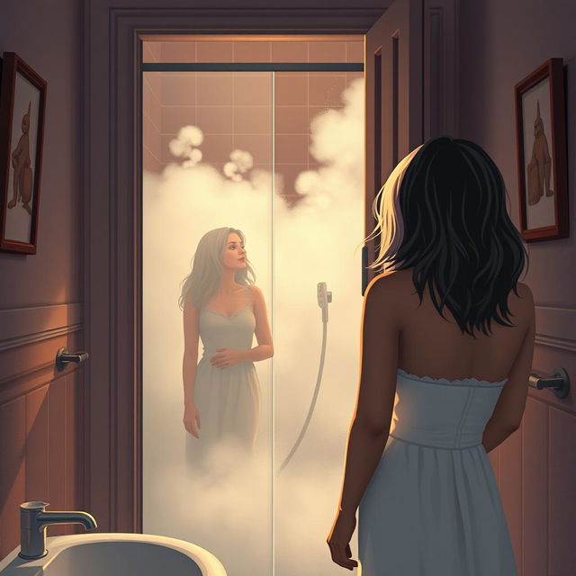 A delicate and intimate scene illustrating a person discreetly peeking through the slightly open bathroom door, where their neighbor is taking a shower