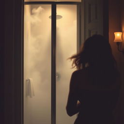 A delicate and intimate scene illustrating a person discreetly peeking through the slightly open bathroom door, where their neighbor is taking a shower