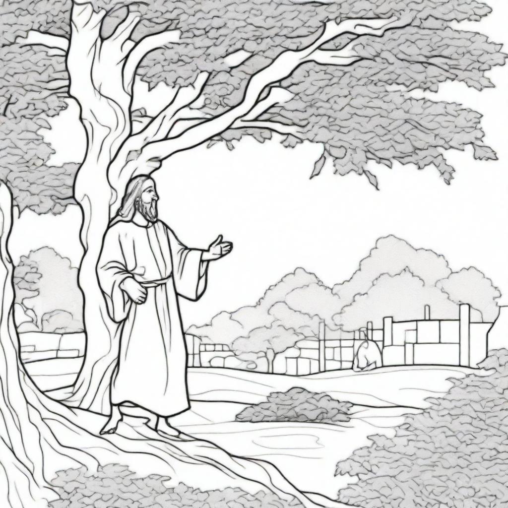 An engrossing colouring book page depicting Jesus walking towards a man who is perched high up in a tree, perhaps in anticipation