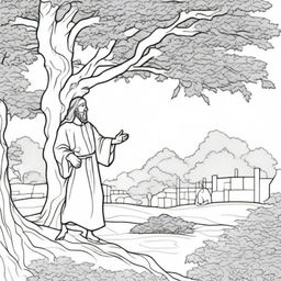 An engrossing colouring book page depicting Jesus walking towards a man who is perched high up in a tree, perhaps in anticipation